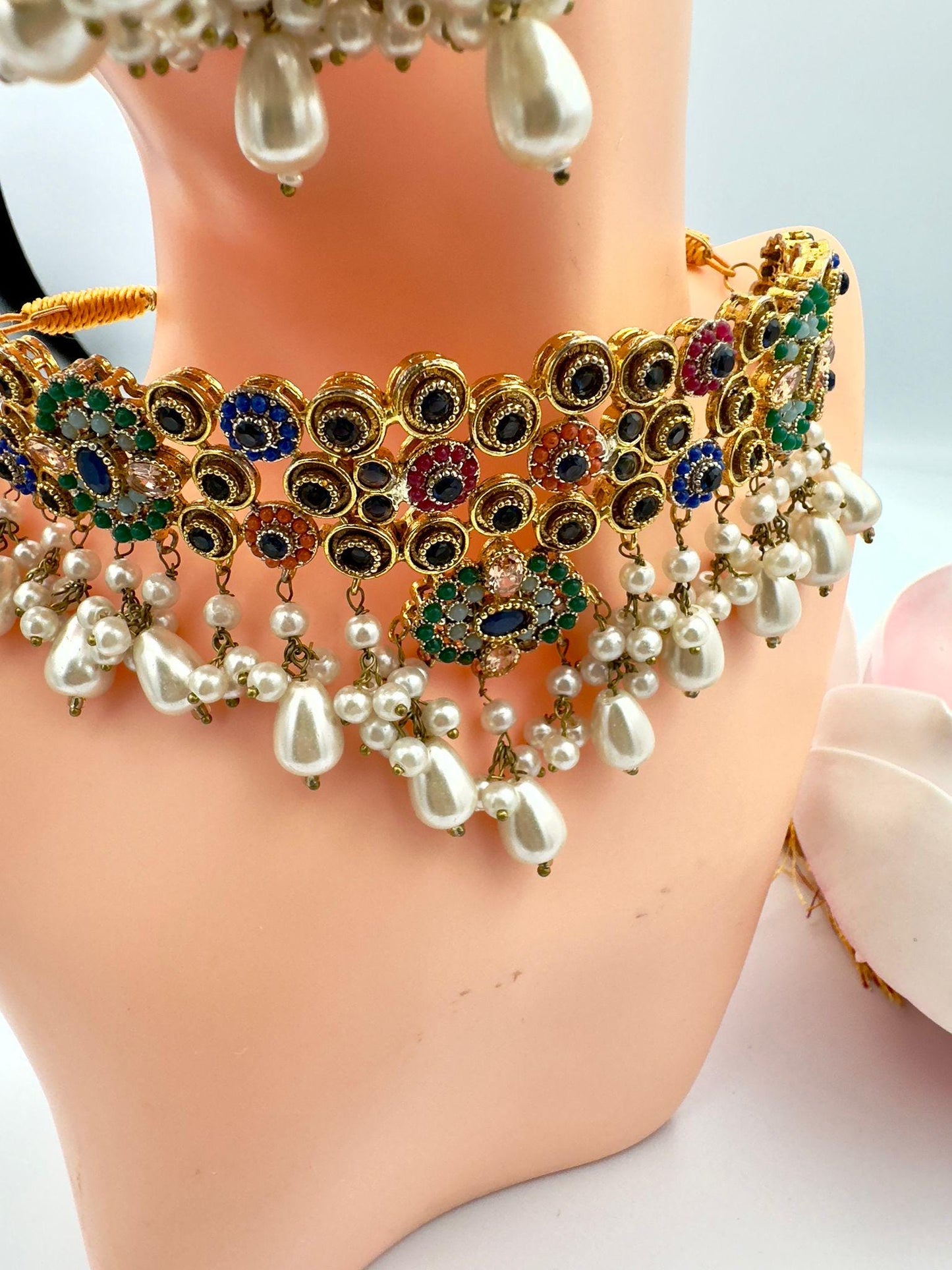 Gold-Plated Indian Jhumka Necklace Earring Set, Multicolor Stones & Pearls