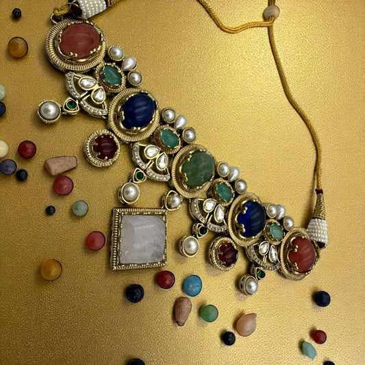 Exquisite fusion Necklace set designer with Multicolor Stones and Pearls - Traditional Indian Jewelry