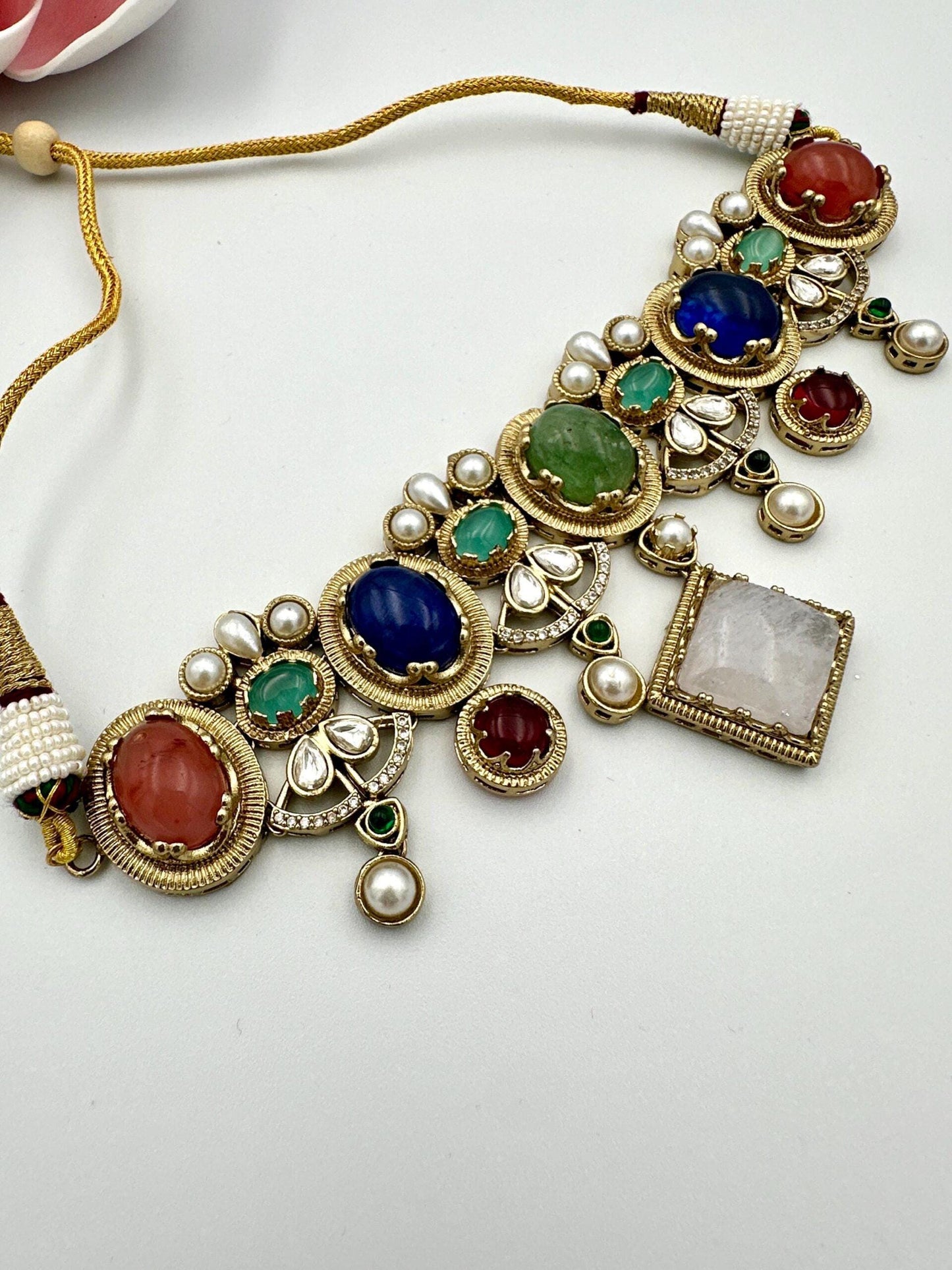 Exquisite fusion Necklace set designer with Multicolor Stones and Pearls - Traditional Indian Jewelry