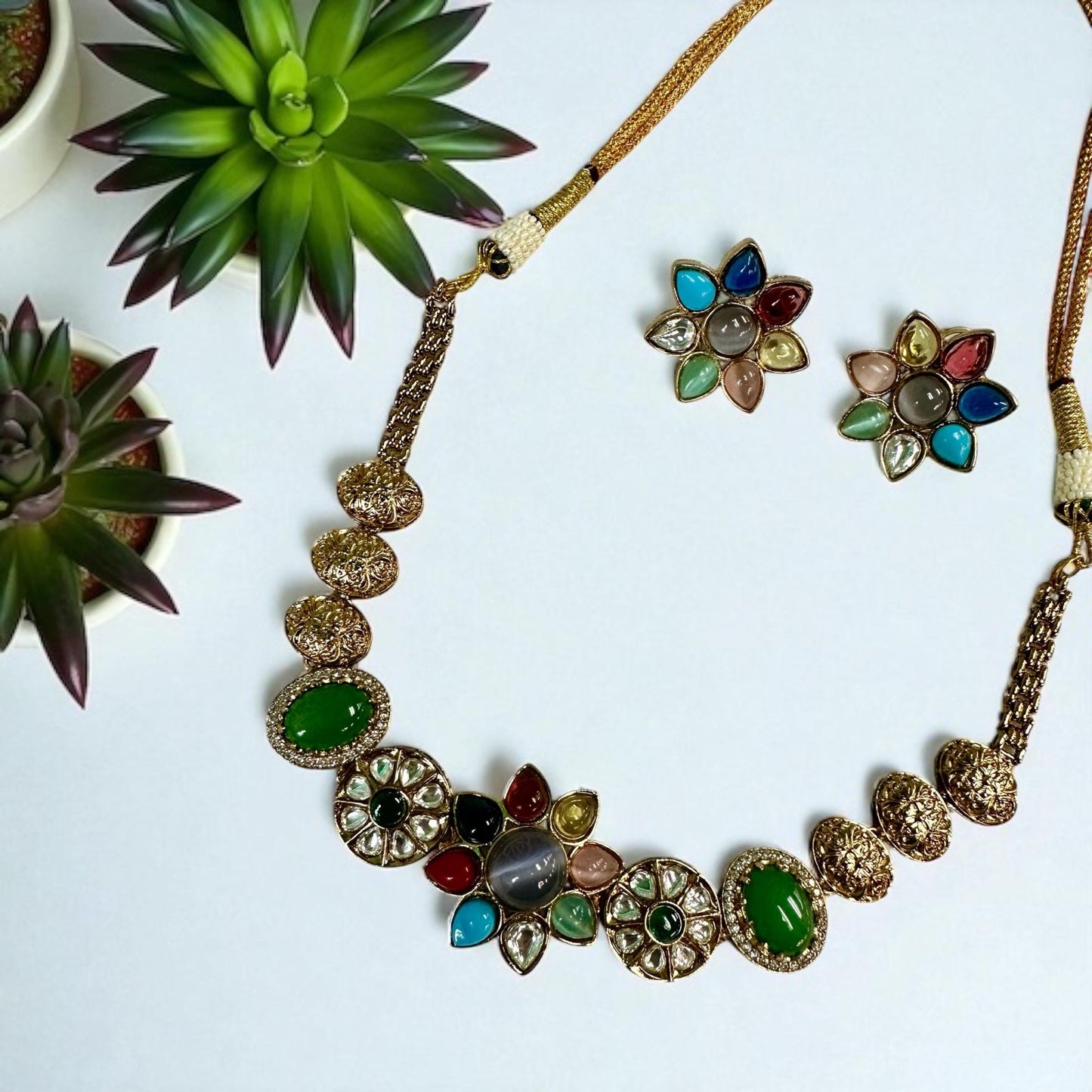 Exquisite fusion Necklace set designer Multicolor Stones and Pearls - Traditional Indian Jewelry