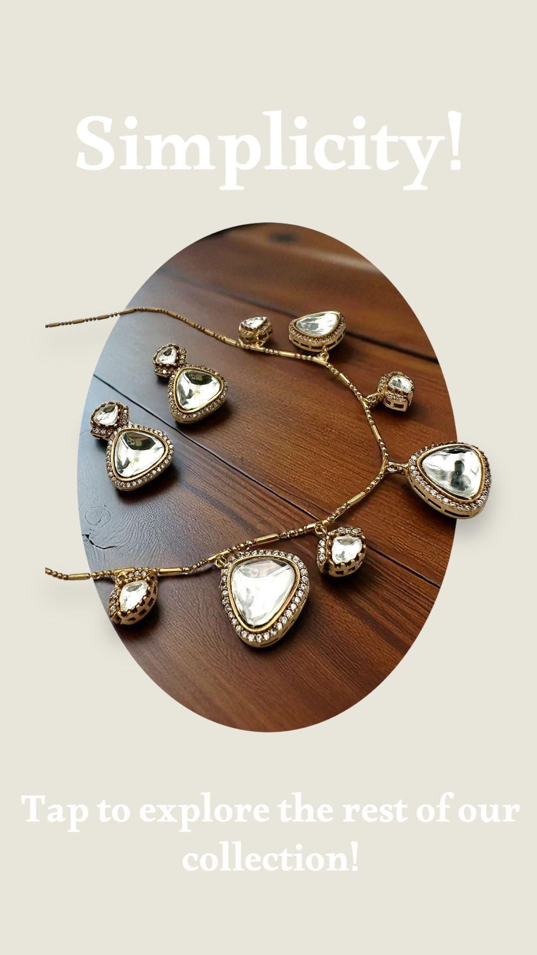 Bollywood inspired Elegant Gold Kundan Necklace Set with Teardrop Stones - Traditional Indian Jewelry