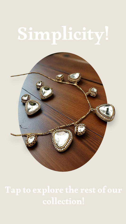 Bollywood inspired Elegant Gold Kundan Necklace Set with Teardrop Stones - Traditional Indian Jewelry