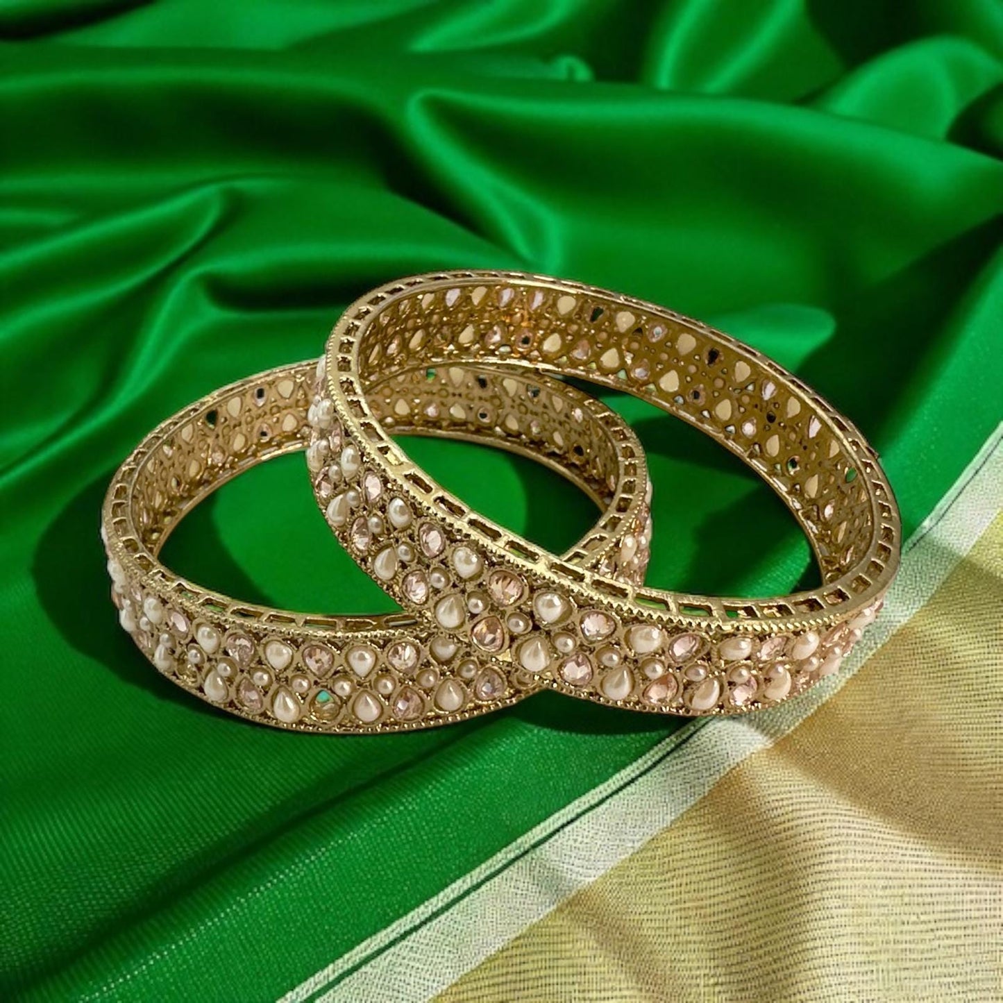 Elegant Gold Kundan Bangles with Pearl Stones - Traditional Indian Jewelry for Women