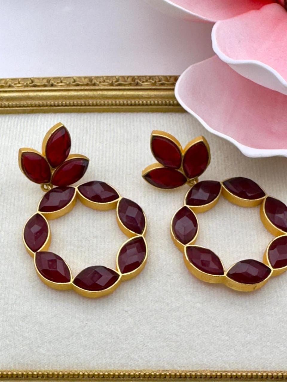 Red Ruby Flower Drop Earrings – Gold Tone Statement Jewelry