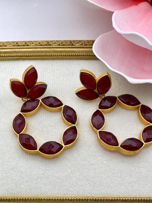 Red Ruby Flower Drop Earrings – Gold Tone Statement Jewelry