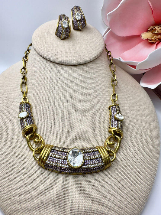 Gold-Toned Necklace and Earring Set with Cubic Zirconia Stones