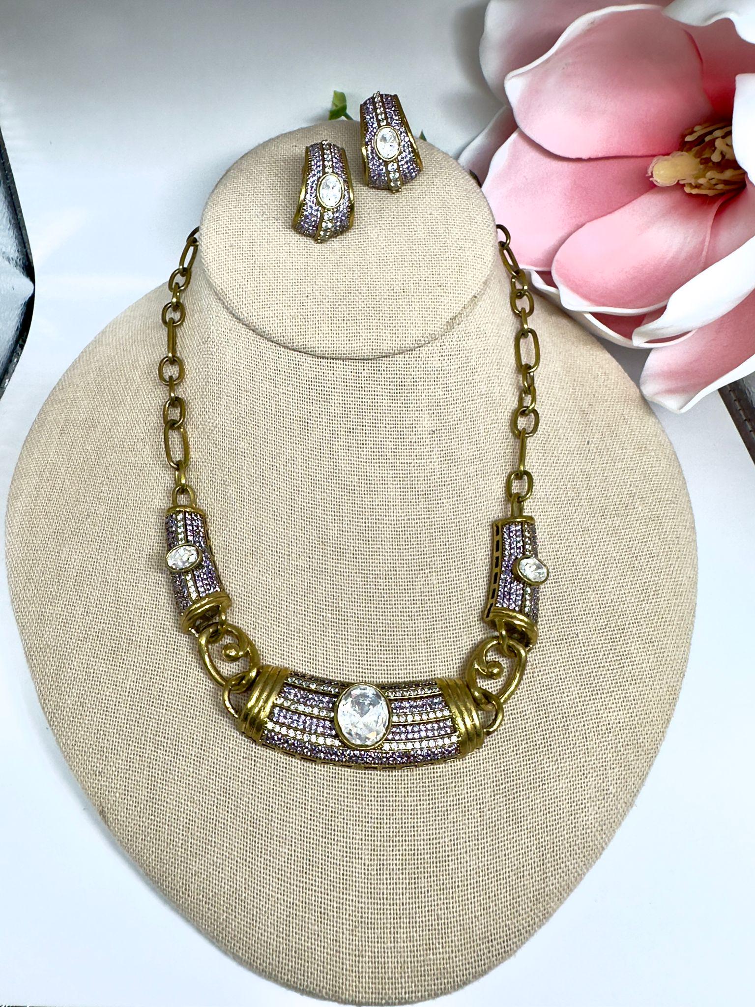 Gold-Toned Necklace and Earring Set with Cubic Zirconia Stones