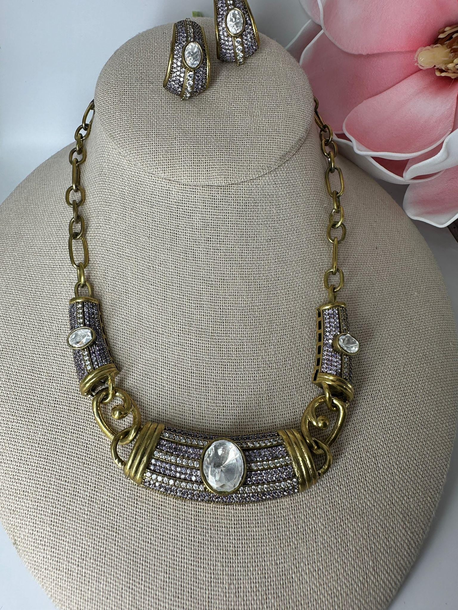 Gold-Toned Necklace and Earring Set with Cubic Zirconia Stones