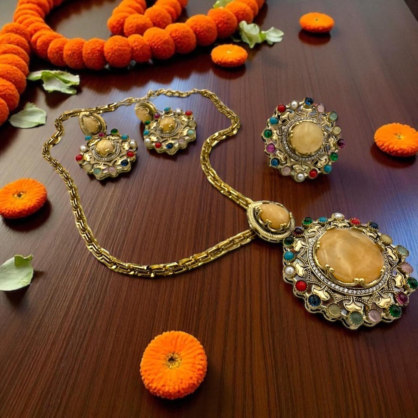 Boho Chic Kundan doublet Necklace Set with semi precious Gemstones - Unique Indian fusion Jewelry