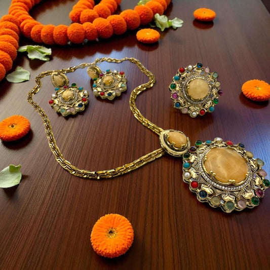 Boho Chic Kundan doublet Necklace Set with semi precious Gemstones - Unique Indian fusion Jewelry