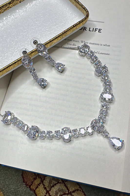 Wedding bridal solitaire cubic zarconia ad silver plated finish necklace set