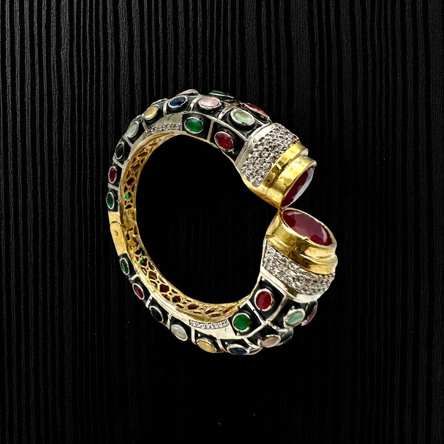 Mughal-Style Ruby Bangle, Kundan Polki Stones, Enamel Indian Kada