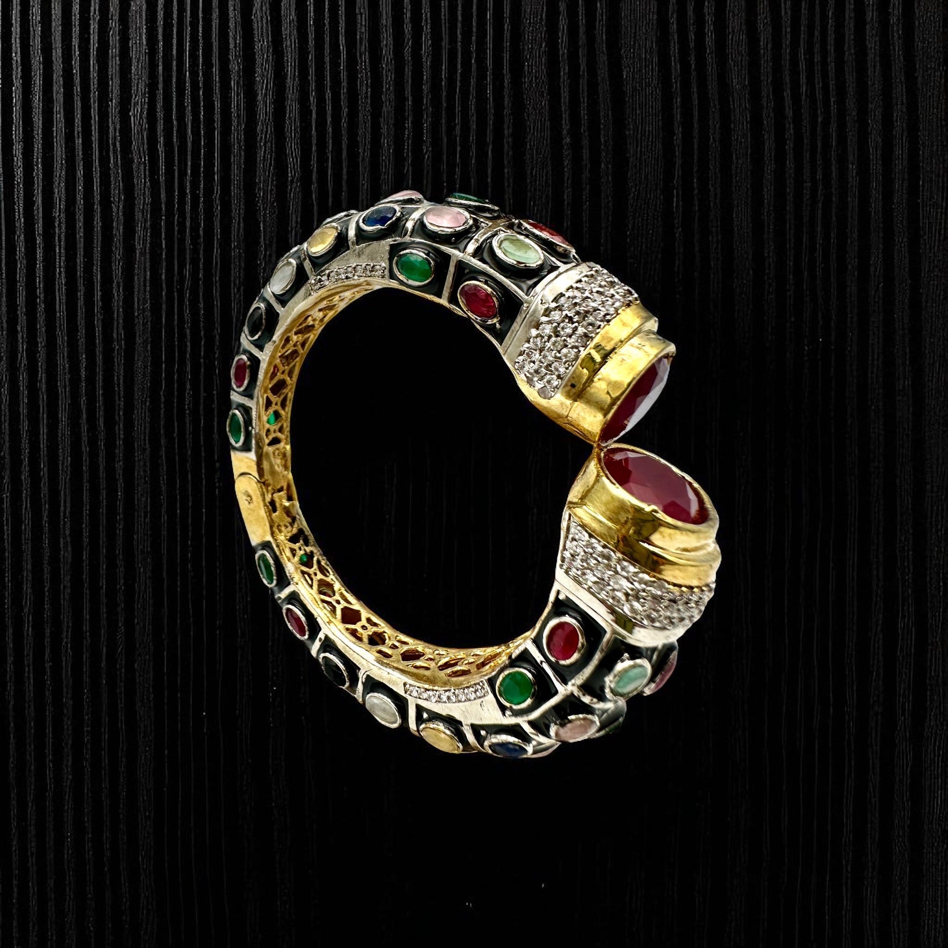 Mughal-Style Ruby Bangle, Kundan Polki Stones, Enamel Indian Kada