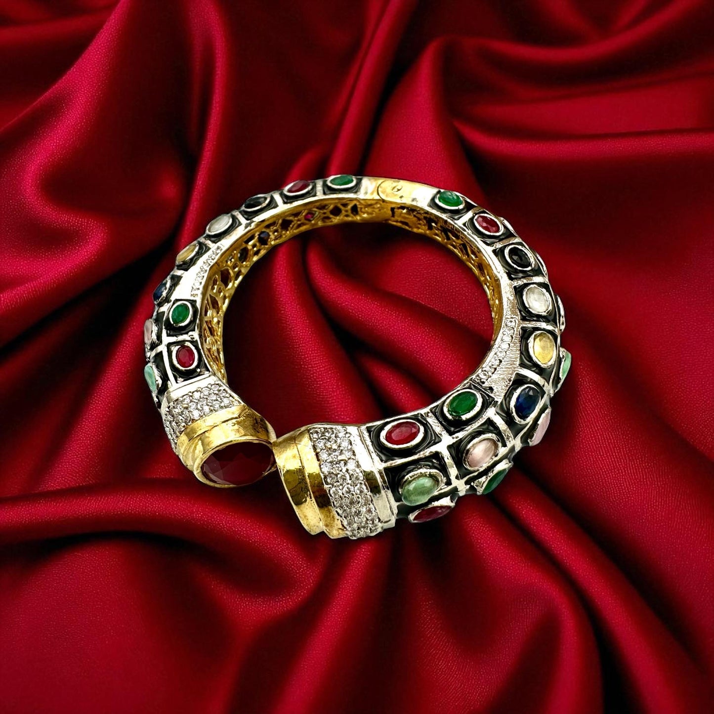Mughal-Style Ruby Bangle, Kundan Polki Stones, Enamel Indian Kada