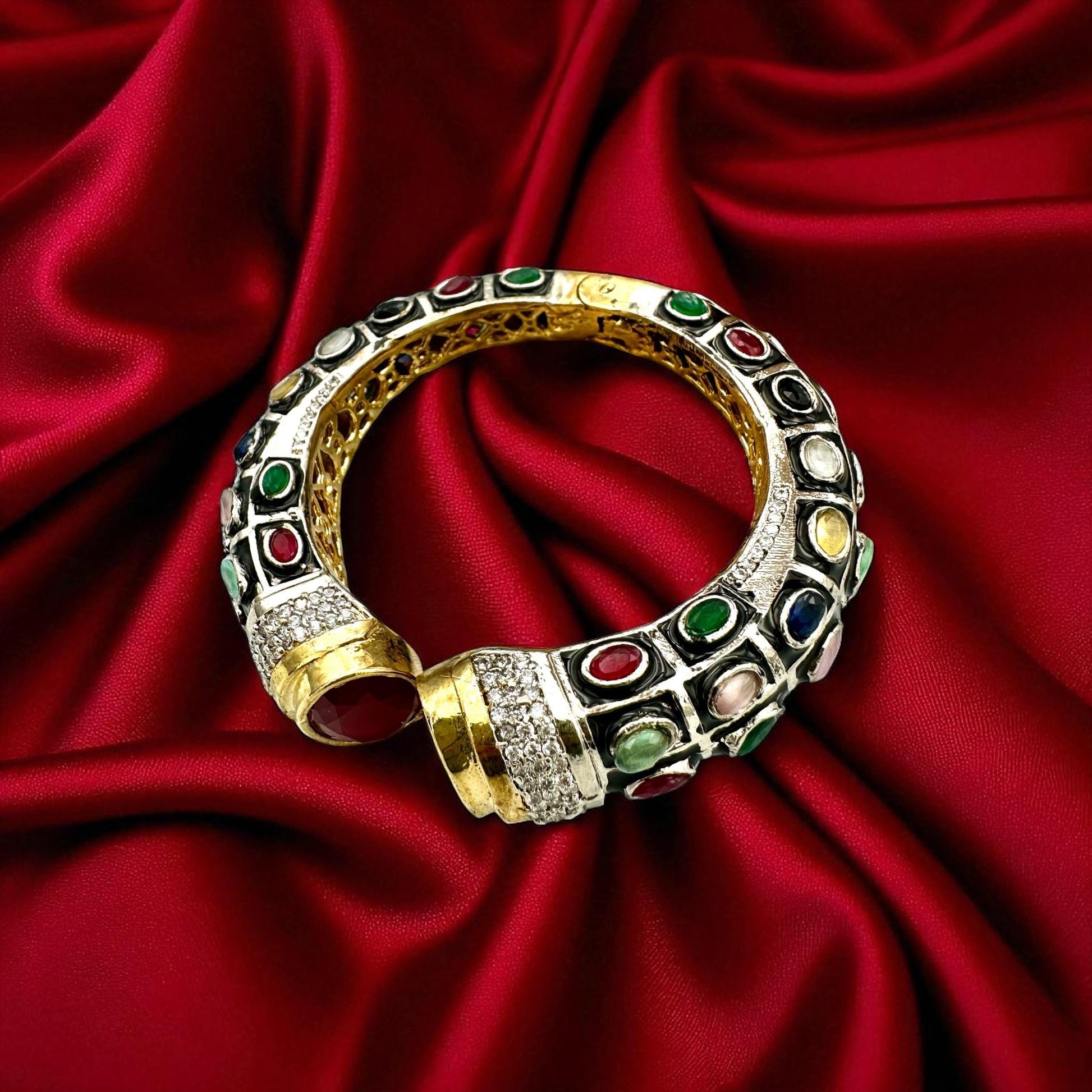Mughal-Style Ruby Bangle, Kundan Polki Stones, Enamel Indian Kada