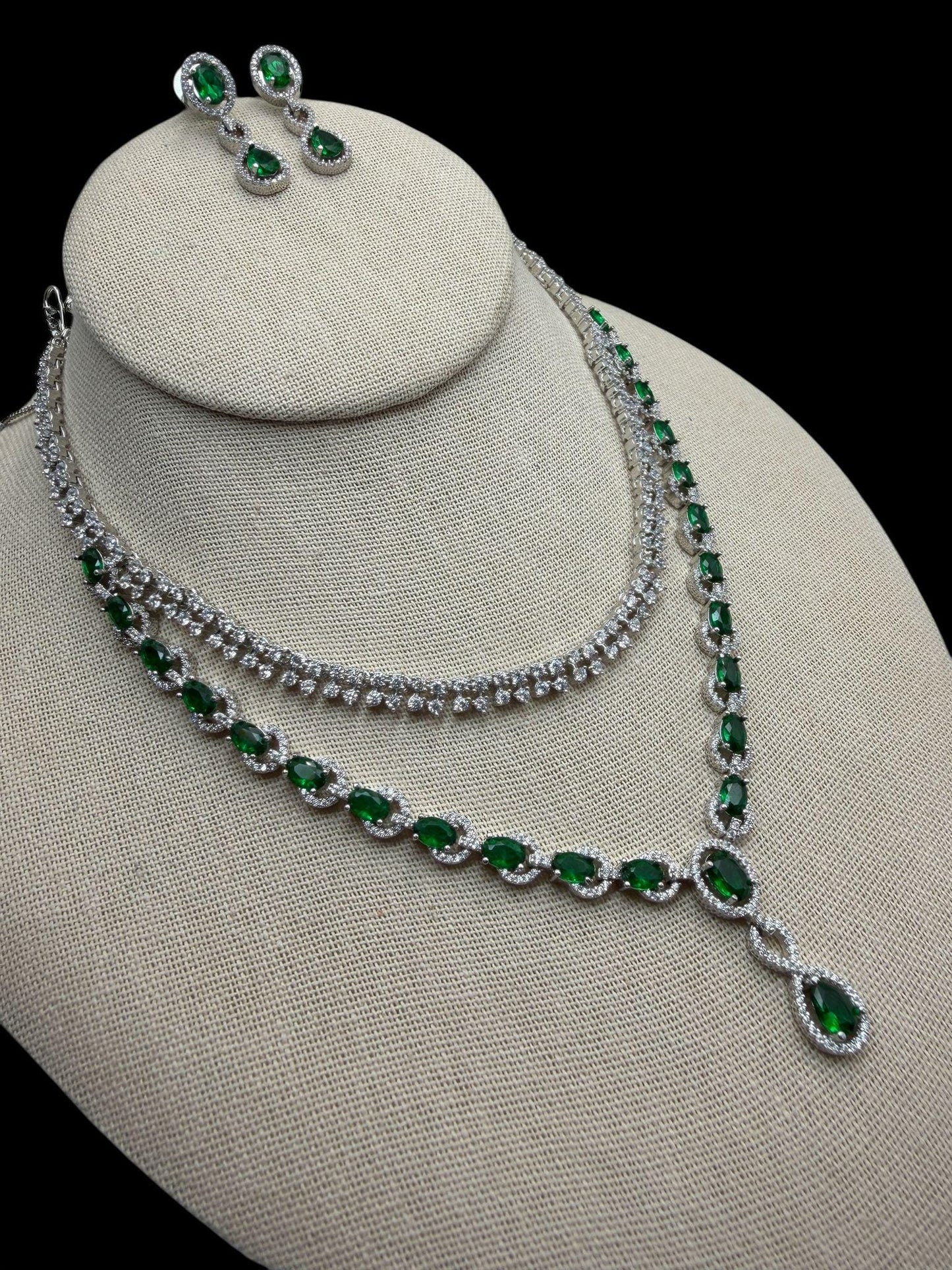 Emerald Green CZ Necklace Set – Rhodium Finish, Bollywood Style