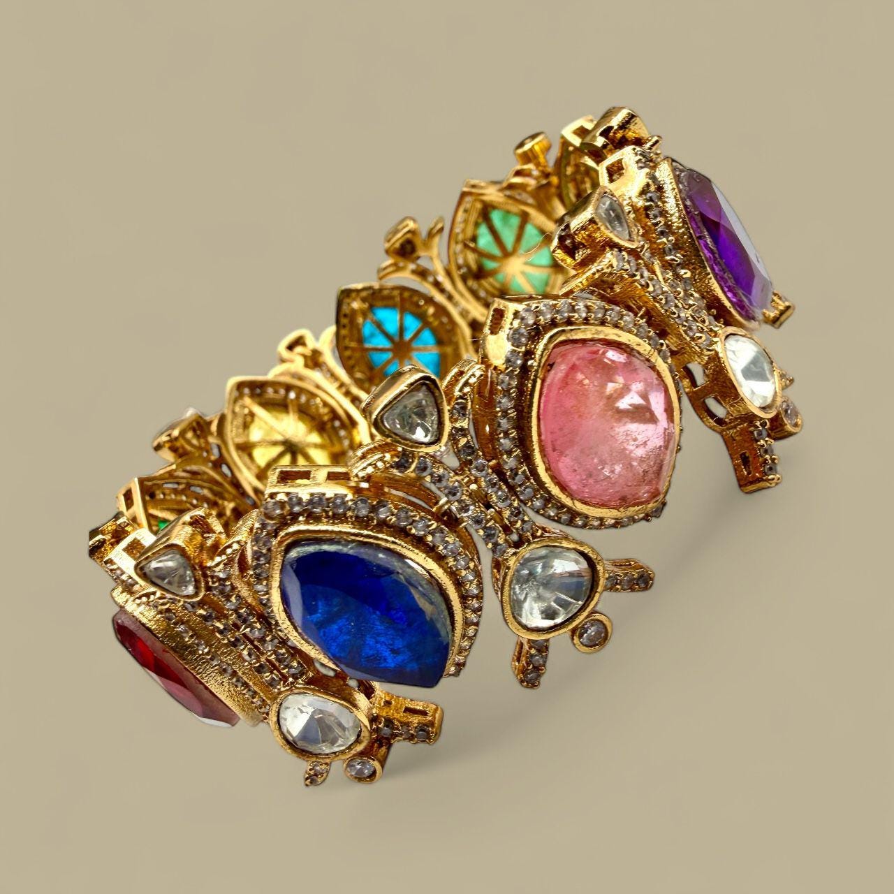Designer Bollywood Kada Gold Plated Jewelry | Colorful Gemstones Bangle
