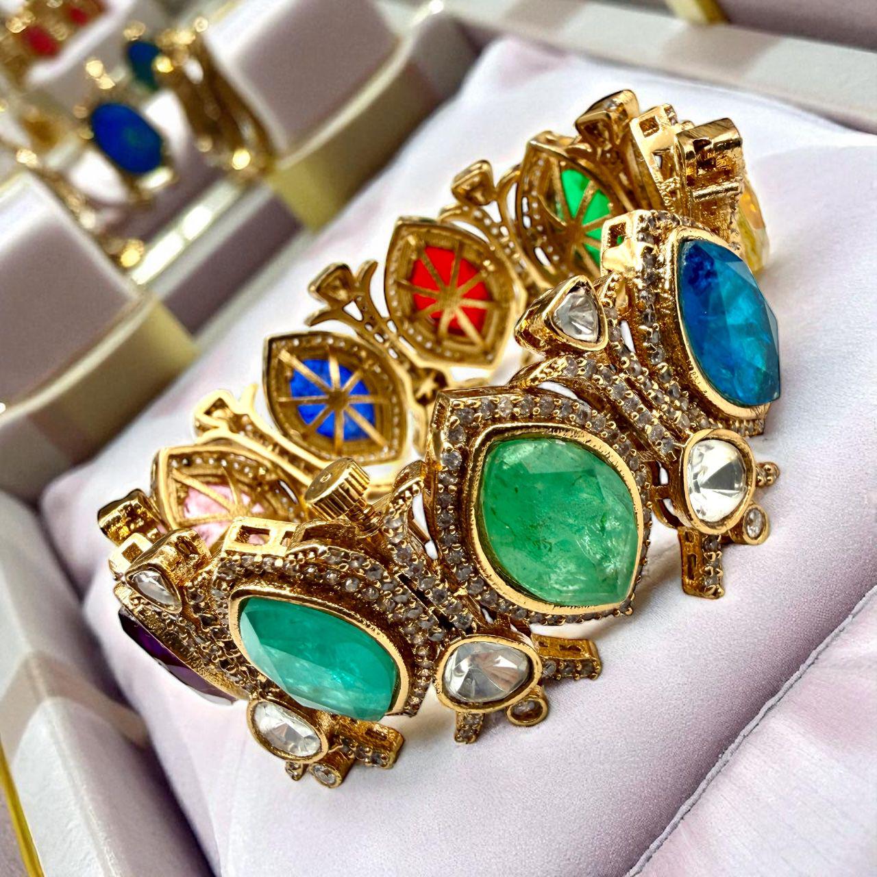Designer Bollywood Kada Gold Plated Jewelry | Colorful Gemstones Bangle