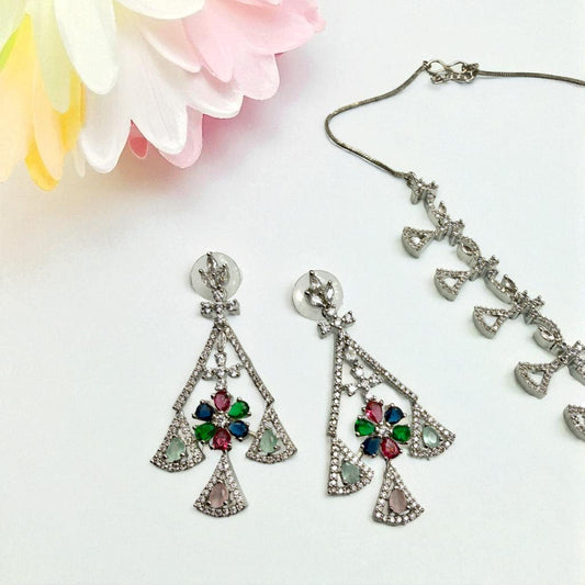 Cz Stones with Multi Color Set with Earrings Rhodium Finish - Beachy Elegance Necklace