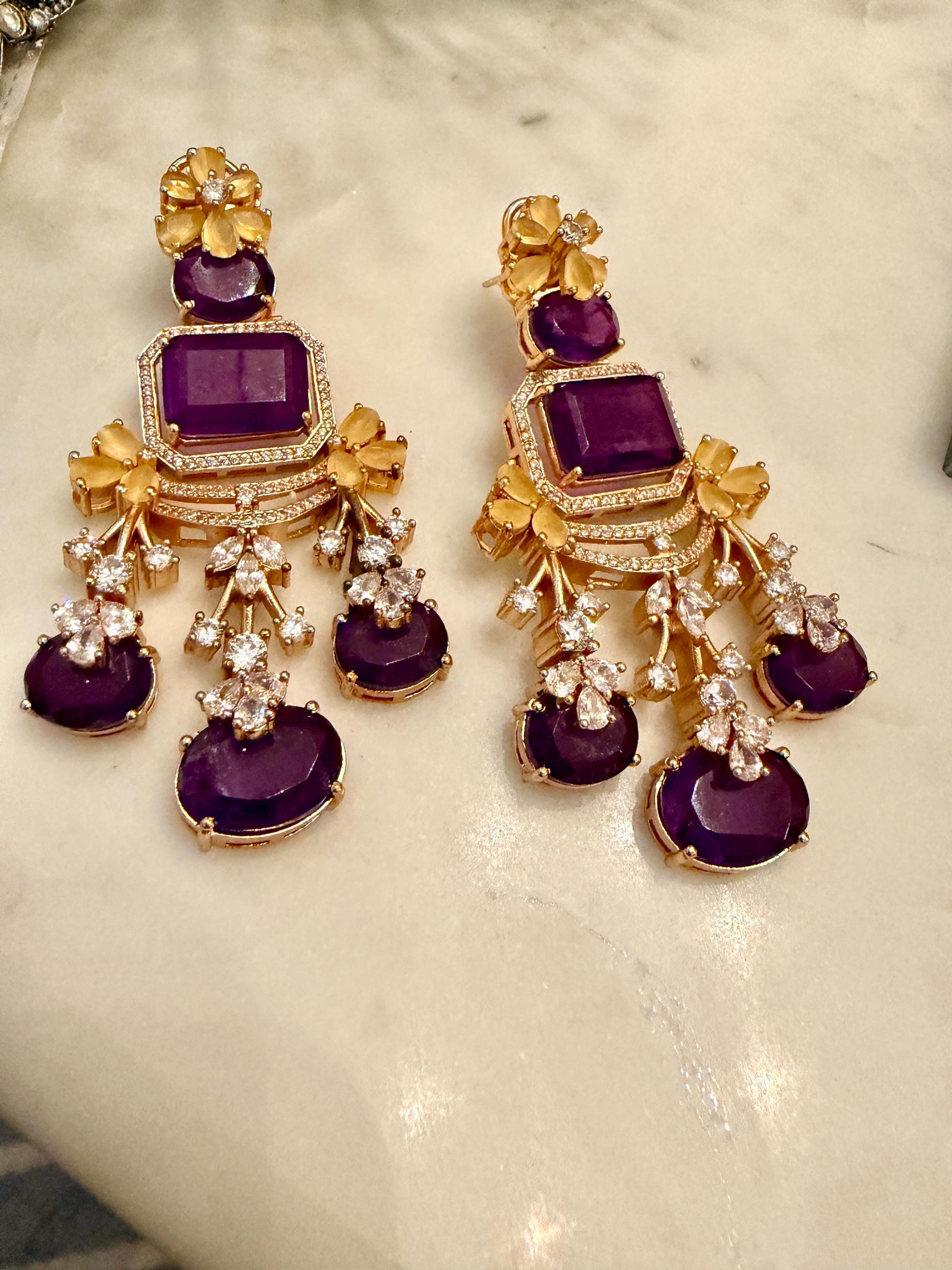 Bollywood Indian Designer high end Earrings with doublet stone,gold finish,Victorian,Ad stones