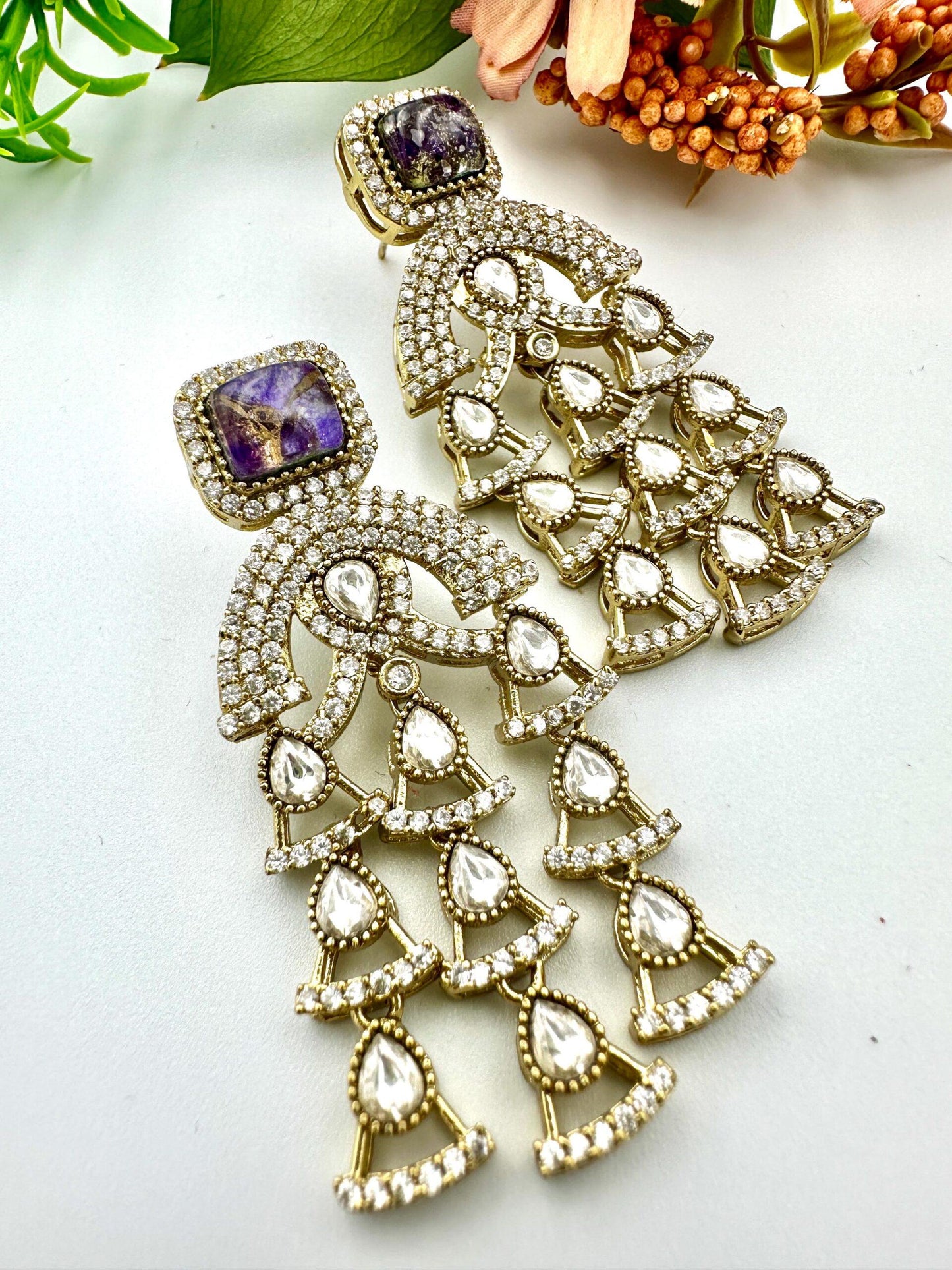 Bollywood Indian Earrings with pearl designer multi amythyst marble stone dangle antique gold finish