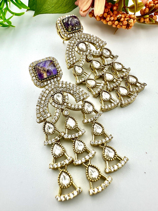 Bollywood Indian Earrings with pearl designer multi amythyst marble stone dangle antique gold finish