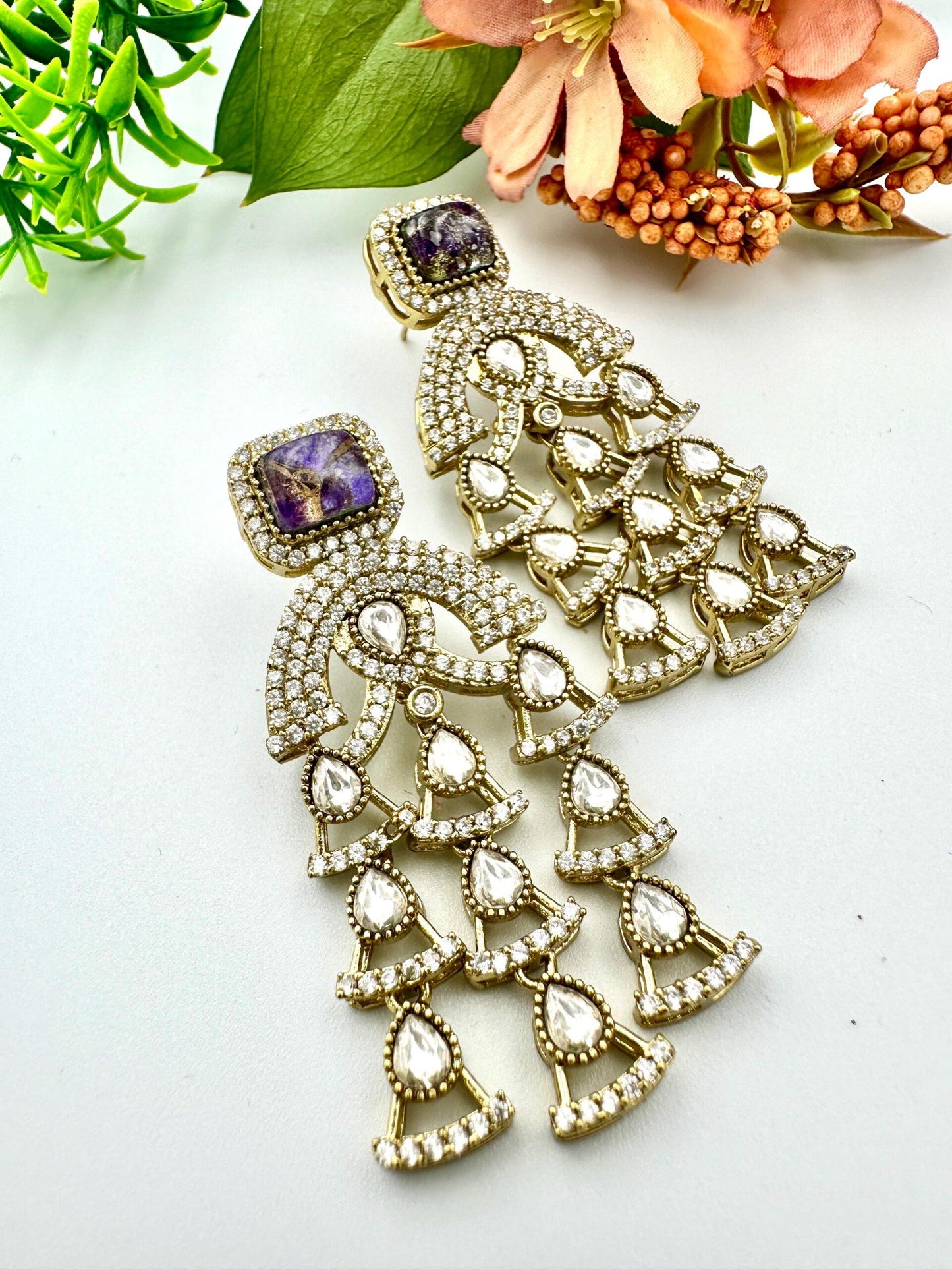 Bollywood Indian Earrings with pearl designer multi amythyst marble stone dangle antique gold finish