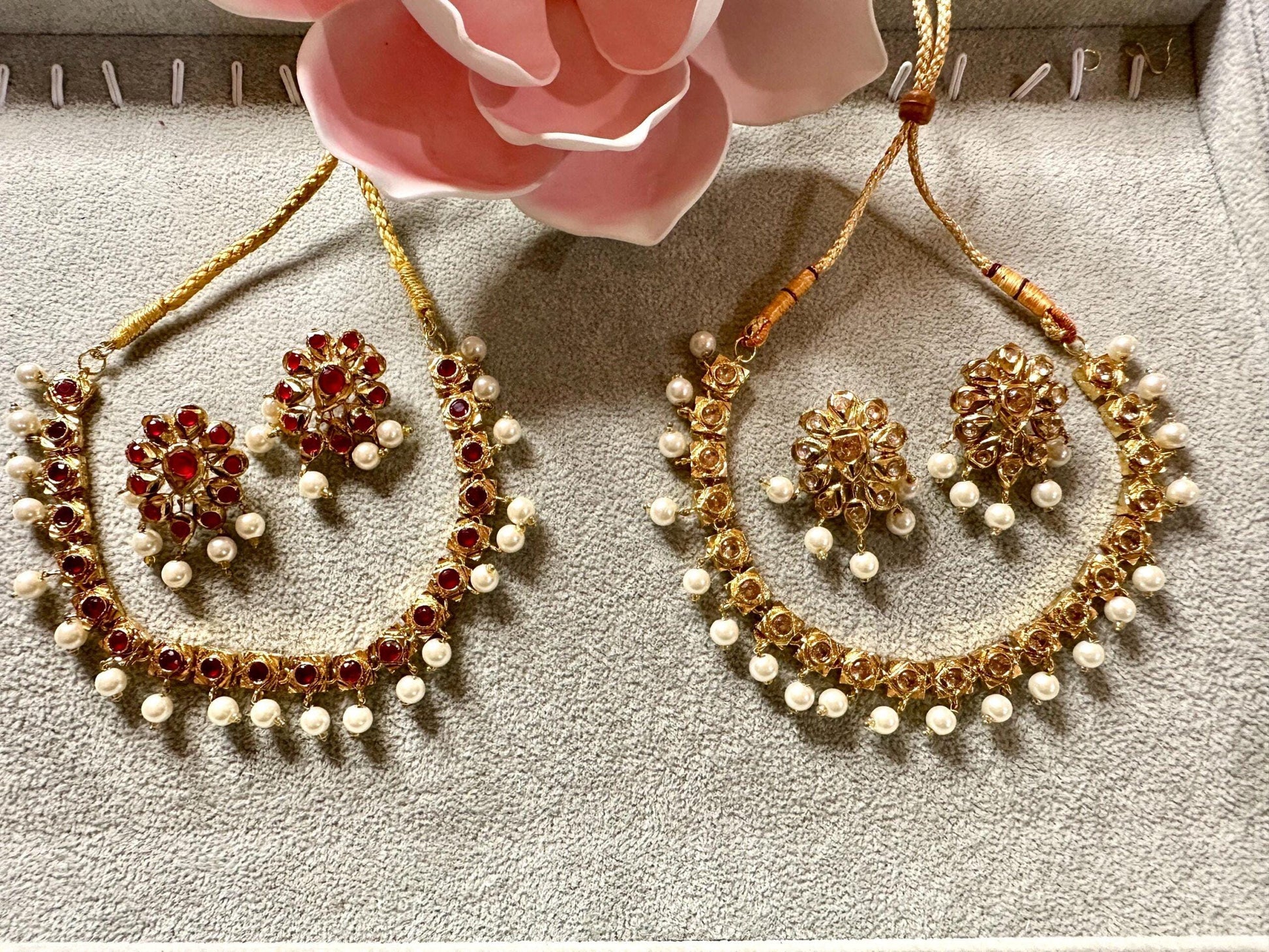 Bollywood indian pearl kundan necklace set choice of pearl or ruby color