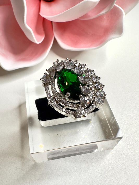 Maha rani silver plated cubic zarconia  bold ring green emerald stone