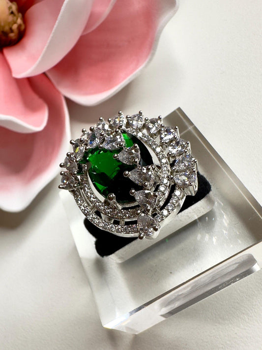 Maha rani silver plated cubic zarconia bold ring green emerald stone