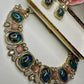 Bollywood Kundan Necklace Earring Set, Blue Marble, Gold Plated