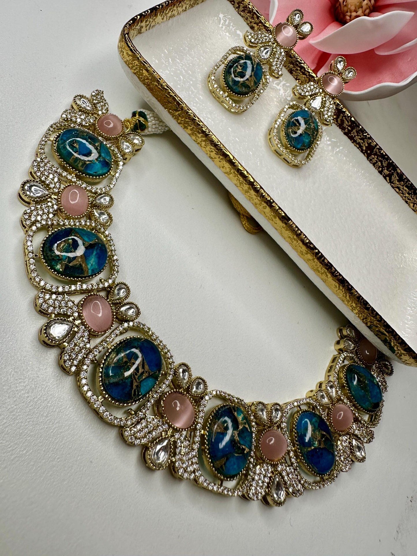 Bollywood Kundan Necklace Earring Set, Blue Marble, Gold Plated