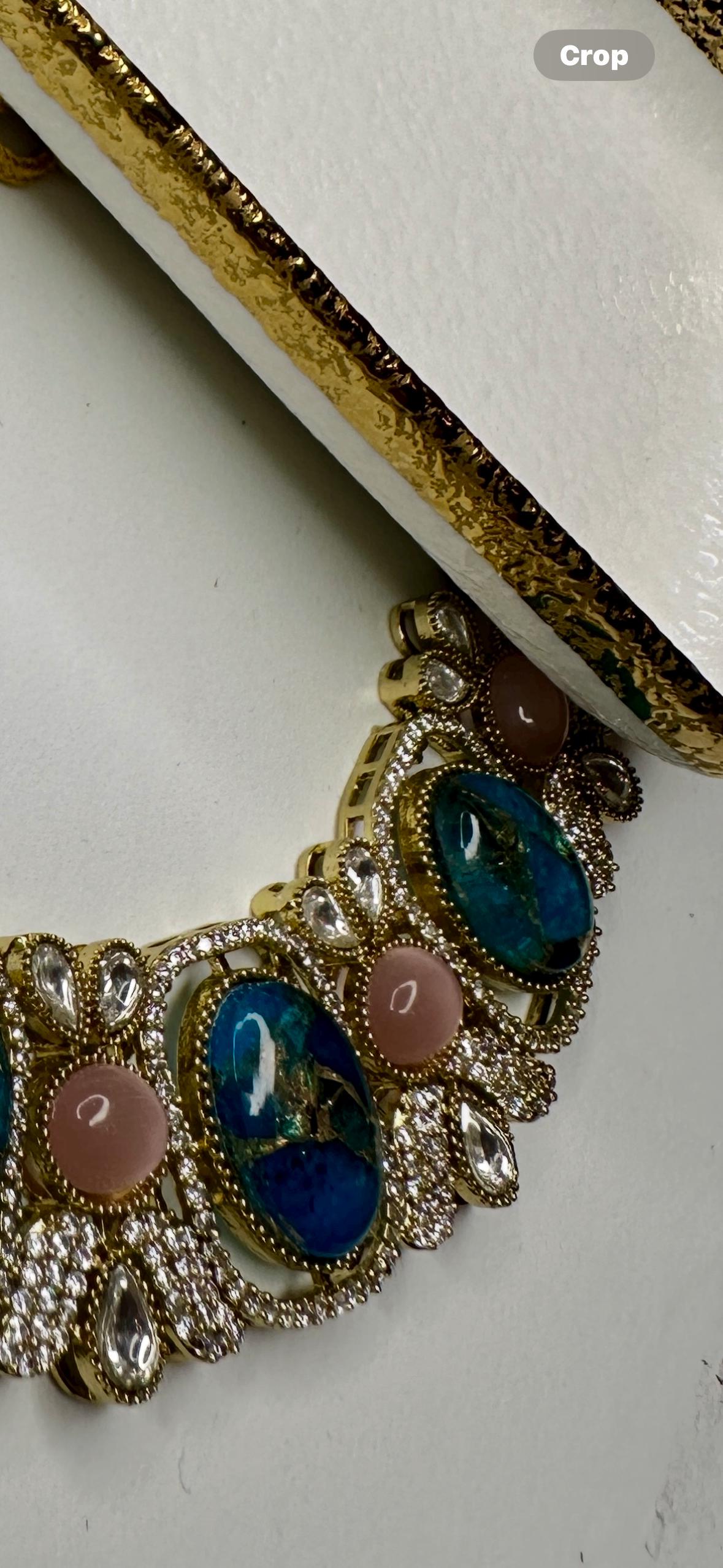Bollywood Kundan Necklace Earring Set, Blue Marble, Gold Plated