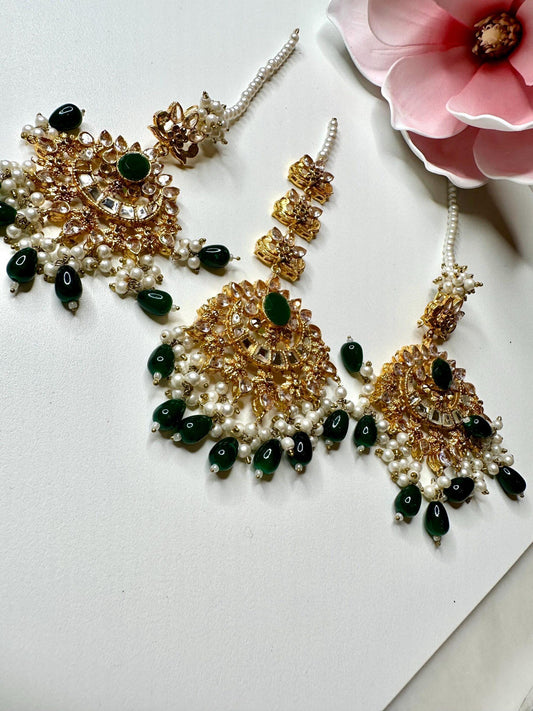 Bollywood Indian Designer Earrings and tikka set emerald green color gold plated