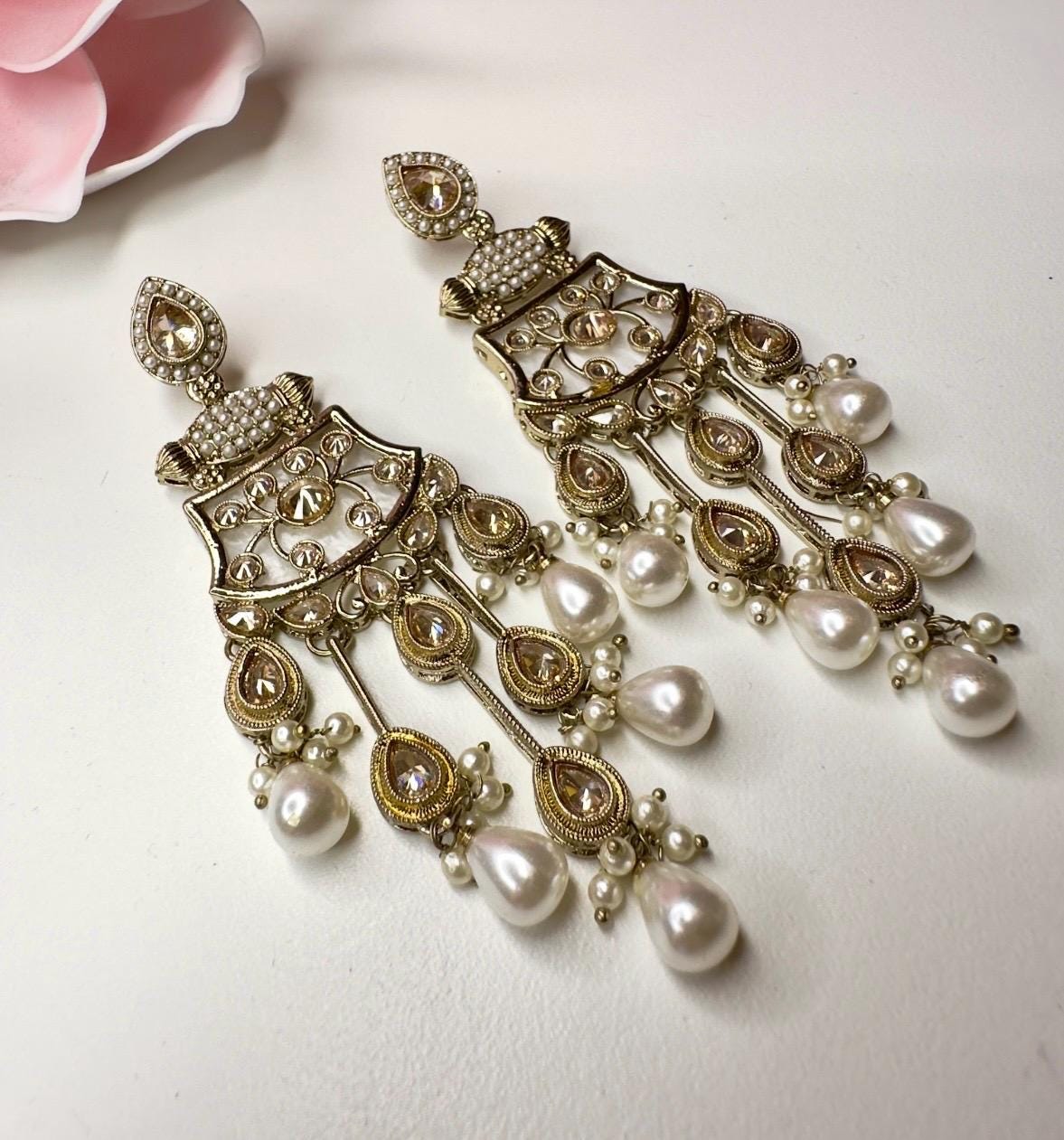 Bollywood Indian Designer Earrings in pearl champange color