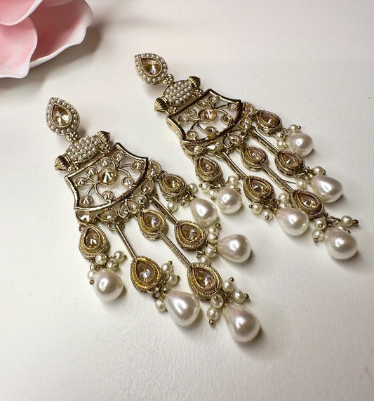 Bollywood Indian Designer Earrings in pearl champange color