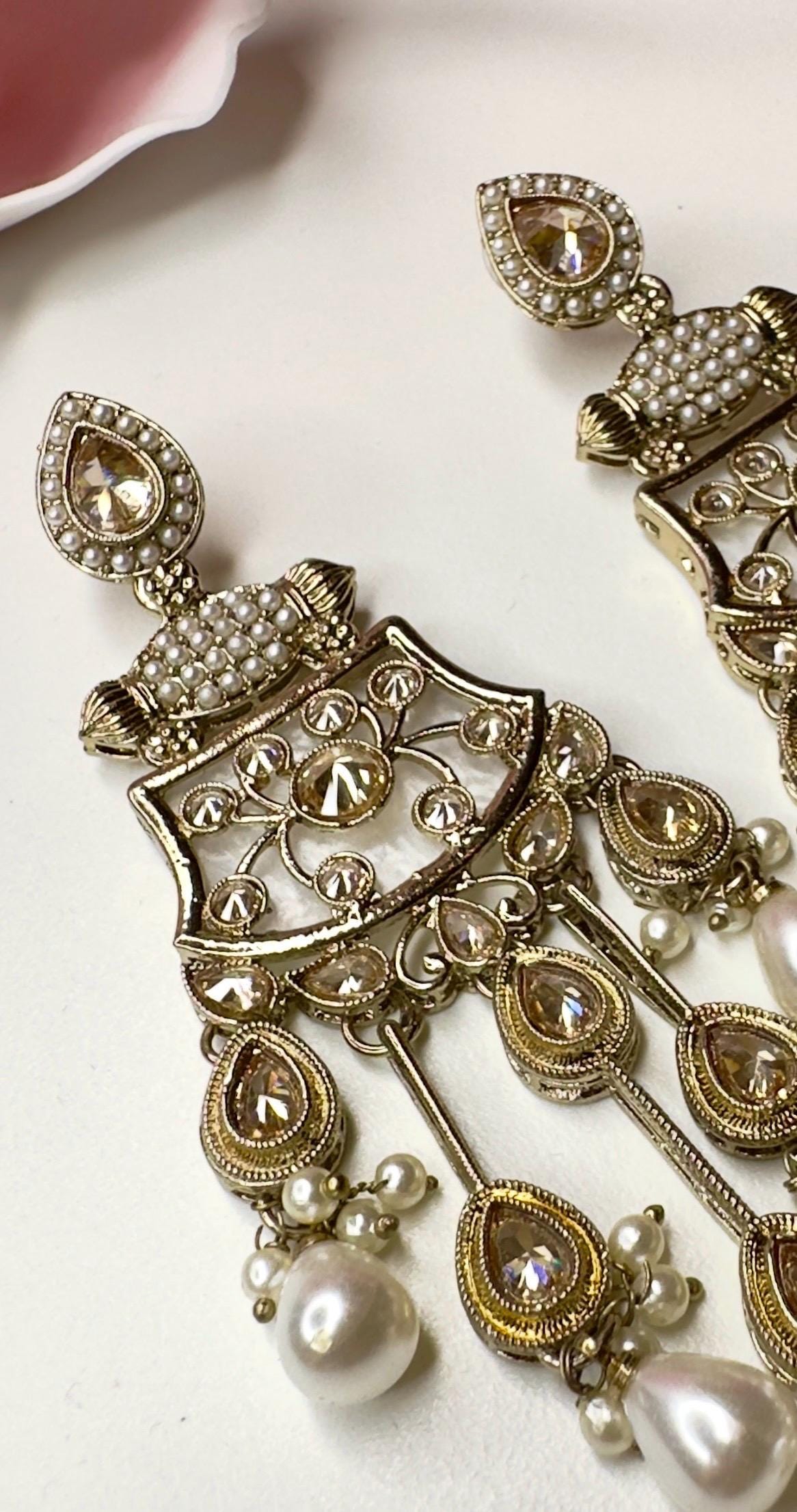 Bollywood Indian Designer Earrings in pearl champange color