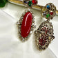 Red Oval Stone Flower Earrings with Multicolor Gemstones - Gold Tone Dangle Earrings