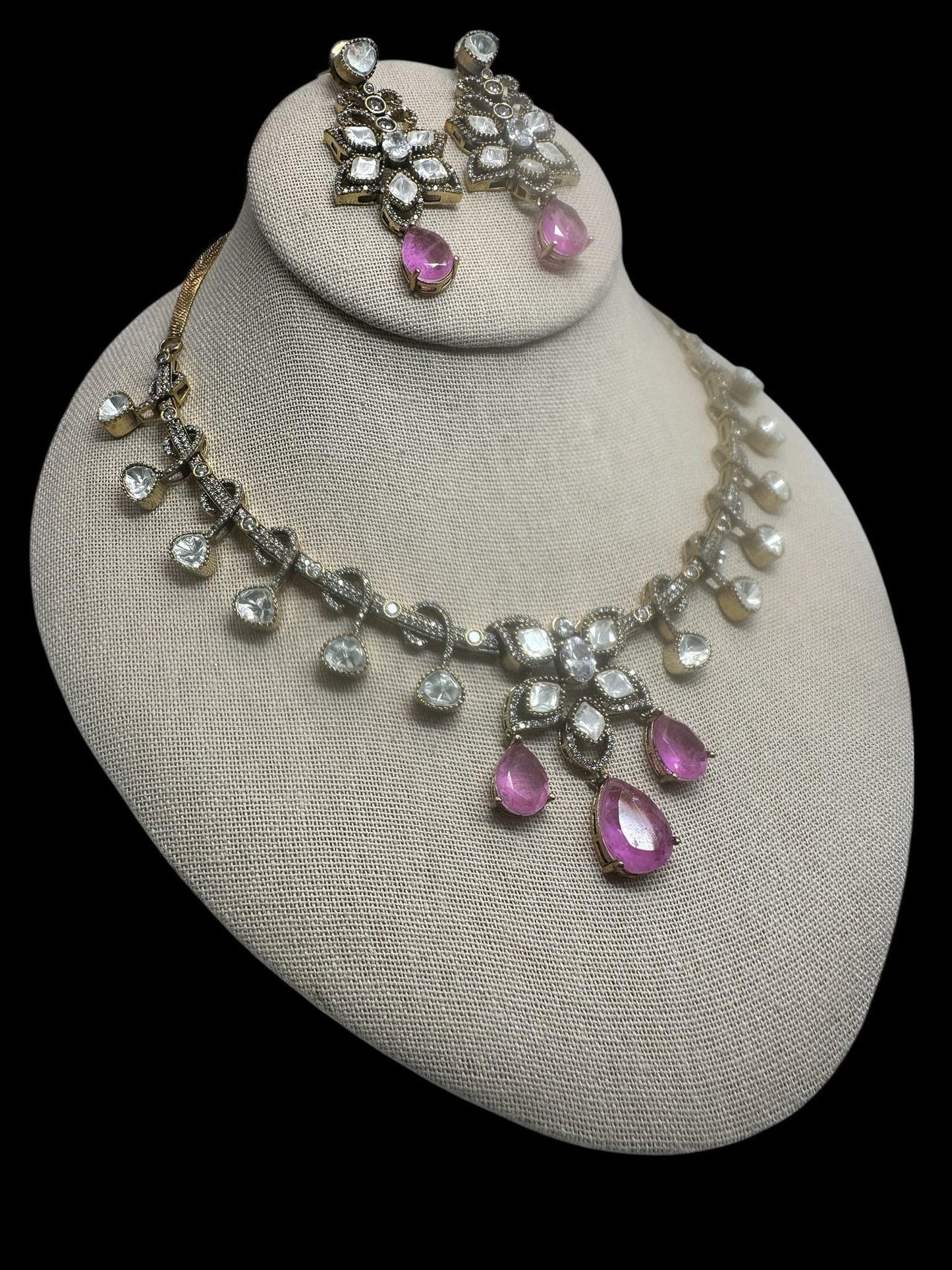Bollywood Style Pink Kundan Necklace Set with Clear Stones & Pearls