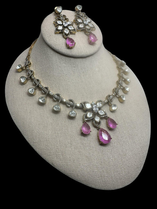 Bollywood Style Pink Kundan Necklace Set with Clear Stones & Pearls