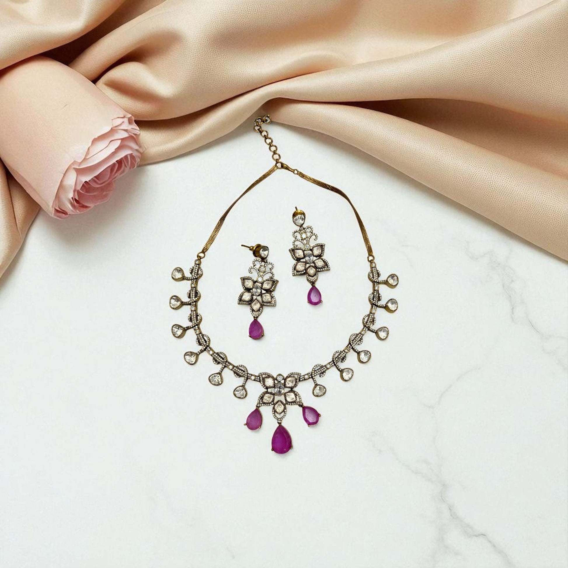 Bollywood Style Pink Kundan Necklace Set with Clear Stones & Pearls