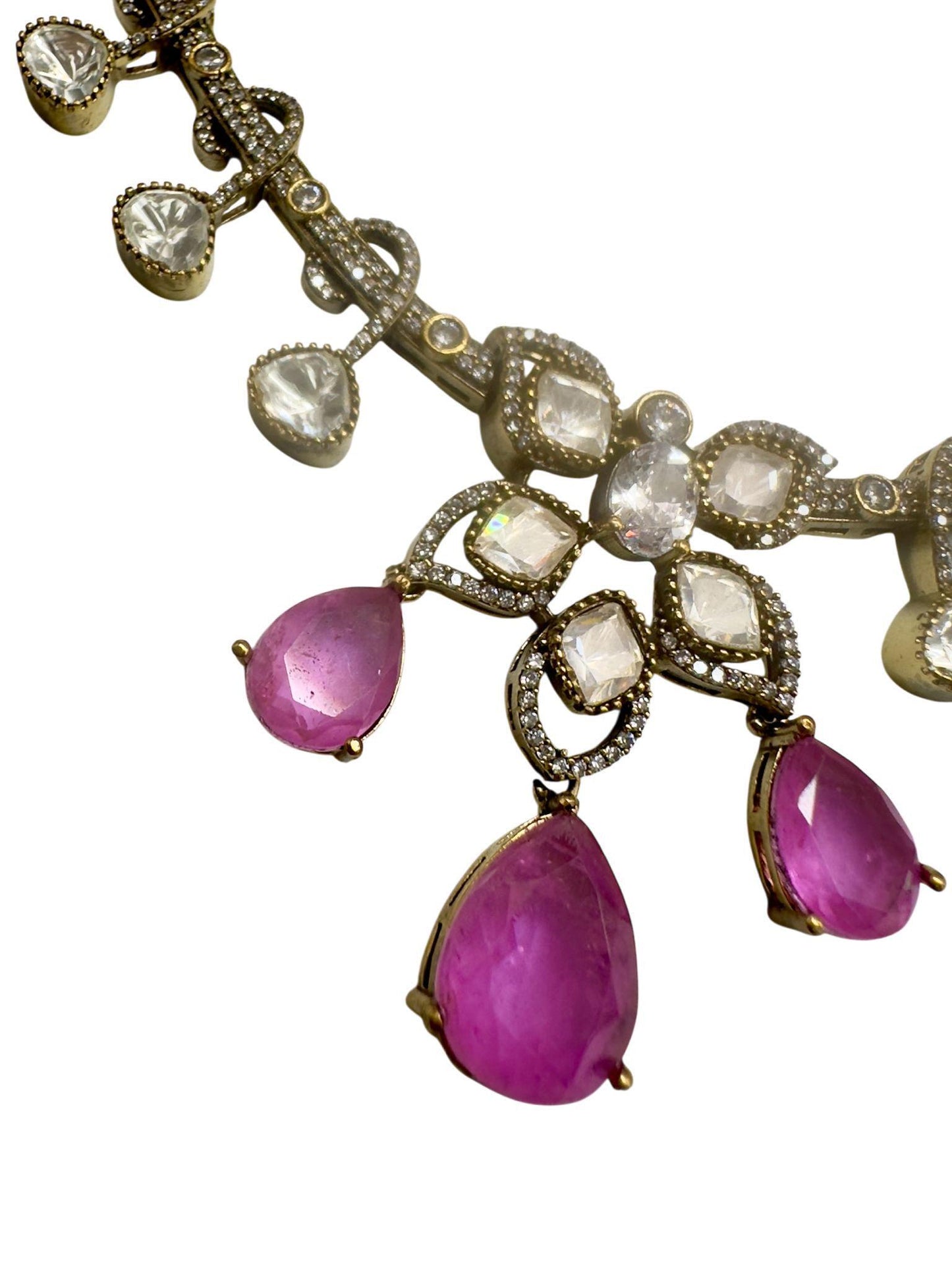 Bollywood Style Pink Kundan Necklace Set with Clear Stones & Pearls