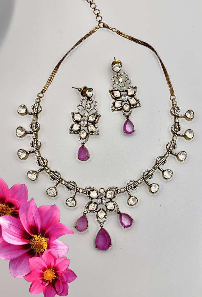 Bollywood Style Pink Kundan Necklace Set with Clear Stones & Pearls