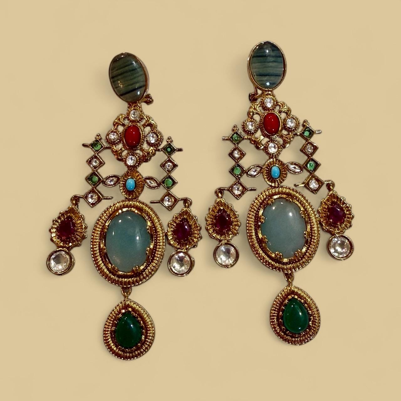 Bollywood Indian Designer Earrings with doublet stone gold plated,Victorian statement piece