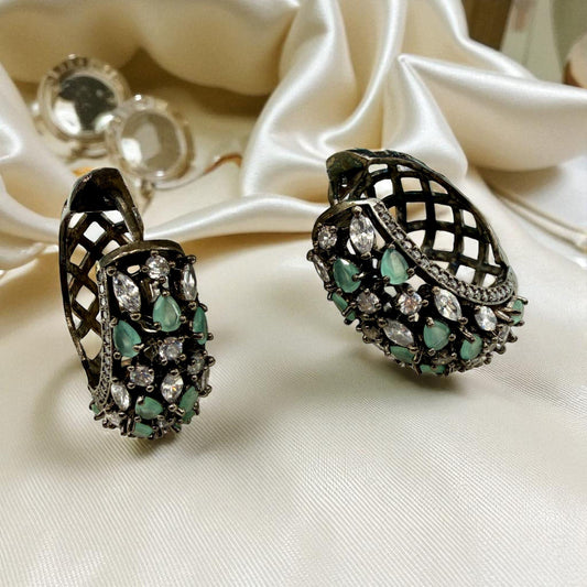 BIG Bali Hoops Silver Oxidized Crystal Glamorous Earrings Pakistan Jewelry