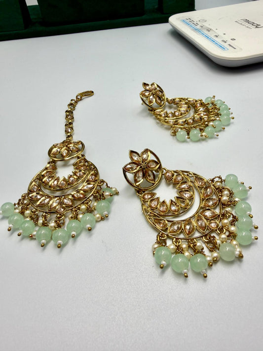 Kundan Jhumkas with Matching Mang Tika | Traditional mint green