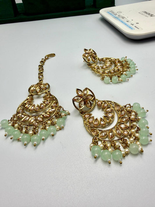 Kundan Jhumkas with Matching Mang Tika | Traditional mint green