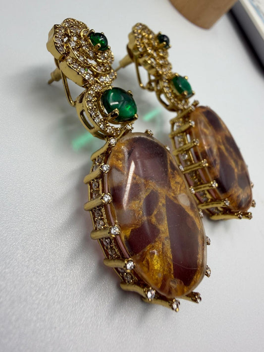 Gold-Tone Earrings with Amber & emerald green Stones | Elegant Statement Jewelry