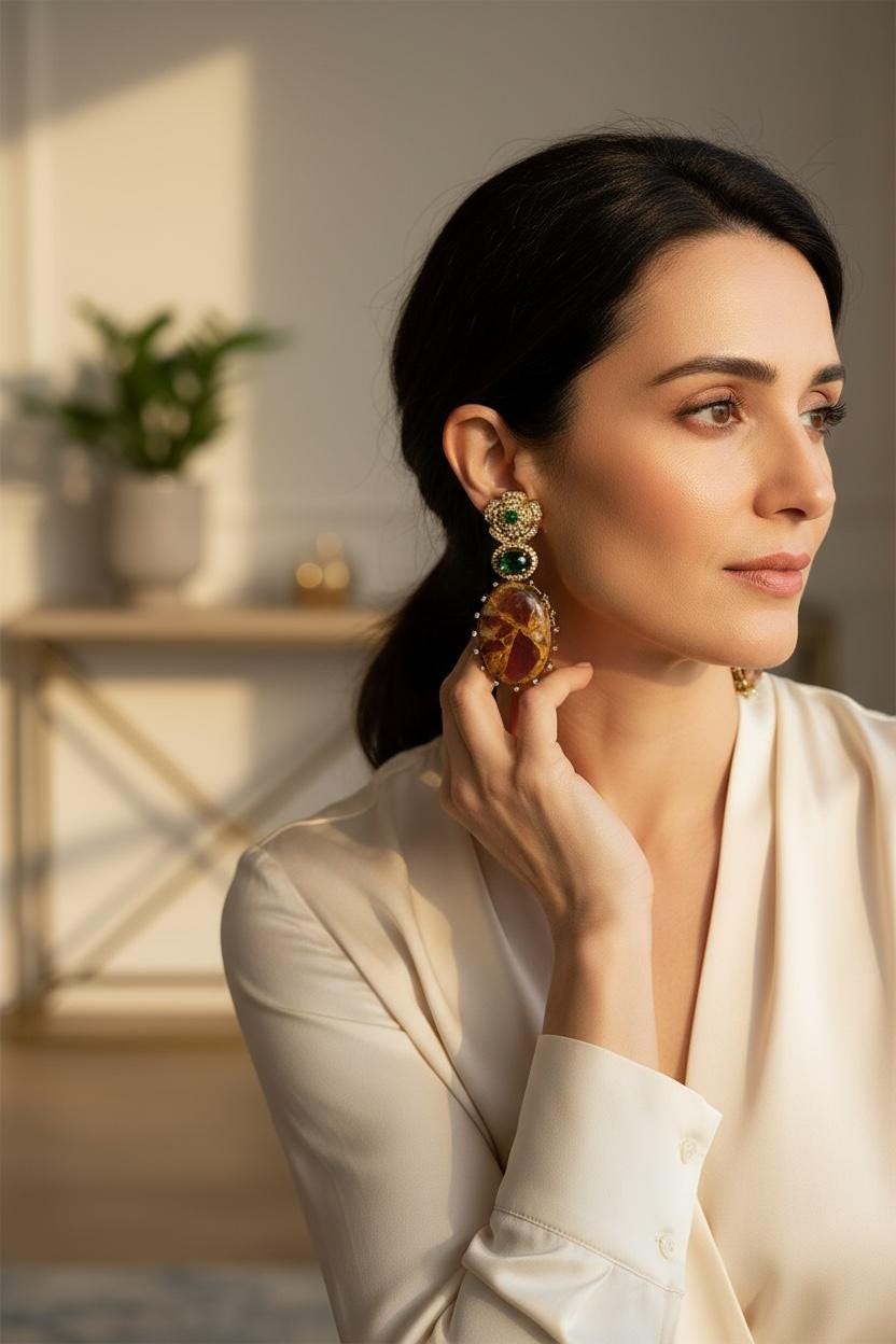 Gold-Tone Earrings with Amber & emerald green Stones | Elegant Statement Jewelry