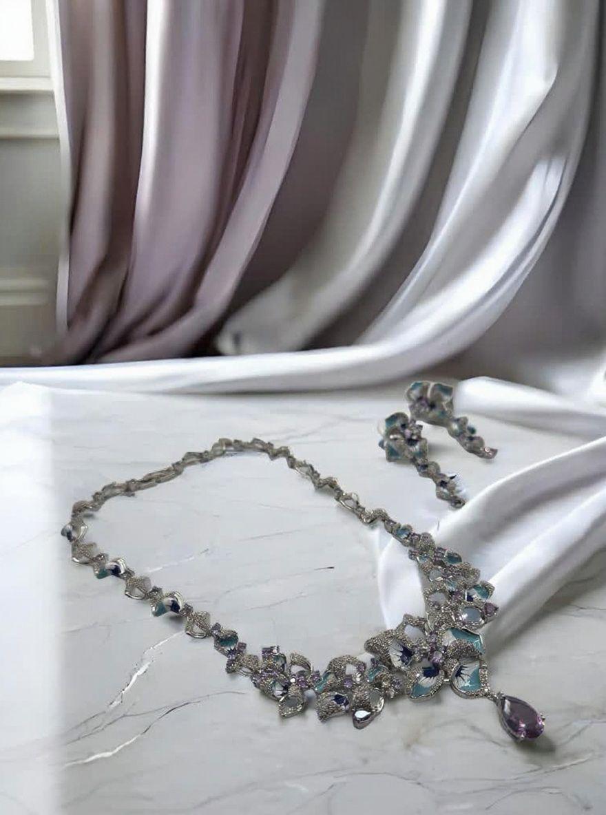 Enameled Designer Inspired Necklace Set in Amethyst & Cubic Zirconia